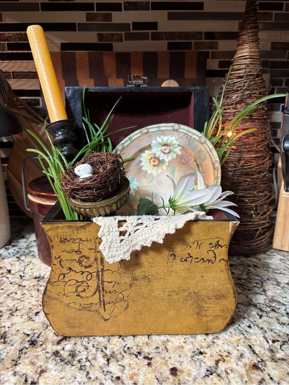 Vintage Style Vignette -Decorative Wooden Box w/ Floral Accents - Tabletop Decor